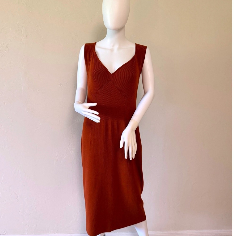 NWT Banana Republic Rust Orange Ribbed V-Neck Sleeveless Sweater Midi Dress L